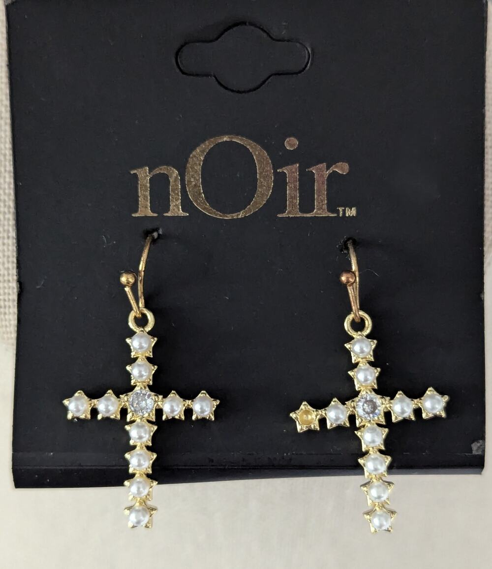 nOir CZ Pearl Cross Earrings